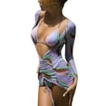 thumbnail image 4 of Seyurigaoka Women Summer Swimsuit 3 Pcs Set, Colorful Stripe Print Bra + Thong + Long Sleeve V-neck Drawstring Short Dress, 4 of 9