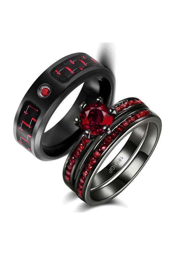 His and Hers Wedding Ring Sets Couples Rings Black Gold Plated Red Ruby Cz Titanium band