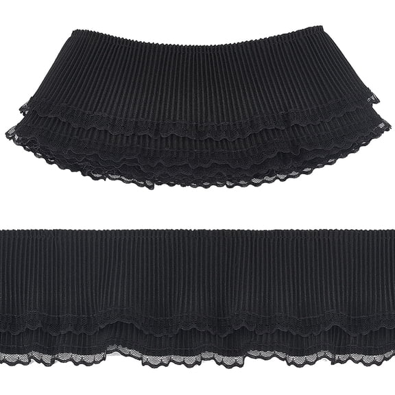 5 Yards Pleated Tulle Lace Trim (3-5/8 Inch Wide) Black Double Layer Polyester Lace Ribbon for Sewing Clothes Wedding Dress Bags DIY Crafts