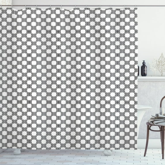 Vintage Shower Curtain, Ancient Tile Design from Indonesia Monochrome Mosaic of Curved Lines, Fabric Bathroom Set with Hooks, 69W X 84L Inches Extra Long, Charcoal Grey and White, by Ambesonne