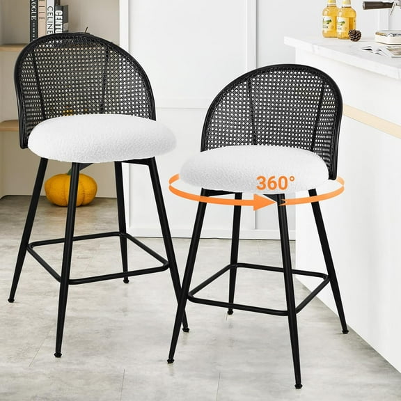 Counter Height Bar Stools Set of 2 Swivel Barstool with Black Rattan Cane Backs, 26" Boucle Fabric Upholstered Counter Stools for Kitchen Island, Boho Mid-Century Modern Bar Chairs, White