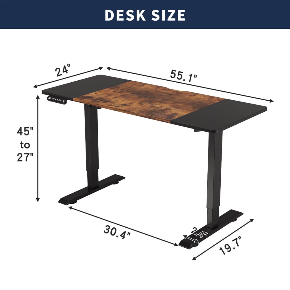 55" x 24" Black & Rustic Brown Electric Standing Desk, Height Adjustable Sit Stand Desk with Type-C Port for Home Office