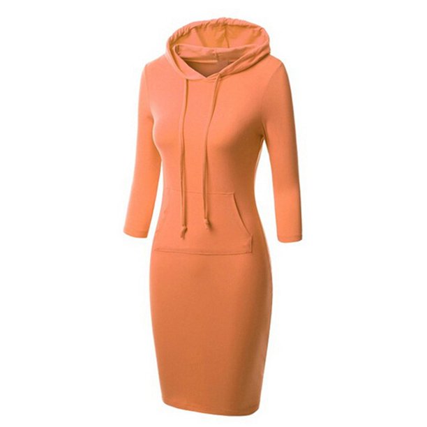 Orange XS Mujer Otoño Mangas 3/4 Vestido Con Capucha Midi De Color Sólido Simple Bolsillo Canguro Slim Fit Hasta La Rodilla Jersey Informal Sudadera Ropa De Calle Tallas Grandes Xs