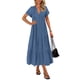 thumbnail image 1 of Vestido de verano KIRUNDO 2025 con cuello en V y manga corta con botón azul, 1 of 9