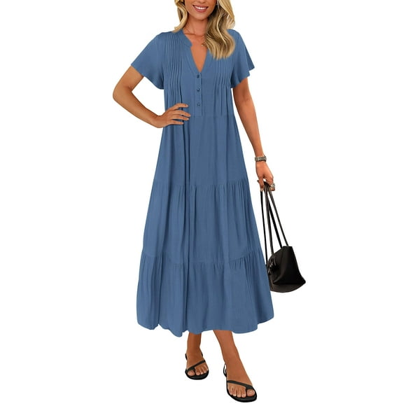 Vestido de verano KIRUNDO 2025 con cuello en V y manga corta con botón azul