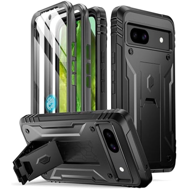 Poetic Révolution Étui pour Google Pixel 8A 5G, Étui de Protection Robuste Antichoc avec Support, Protecteur d'Écran Intégré Compatible avec Empreinte Digitale, Noir
