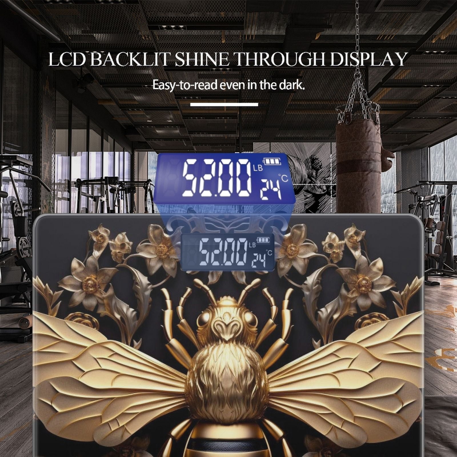 High Precision Body Weight Scale Smart Bathroom Scales with Large LCD Display(400lbs),Decorative for Bedroom-Golden Bee On Black Background