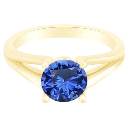 AFFY Round Simulated Sapphire Split Shank Solitaire Ring 1 Cttw 14k Yellow Gold Over Sterling Silver-14