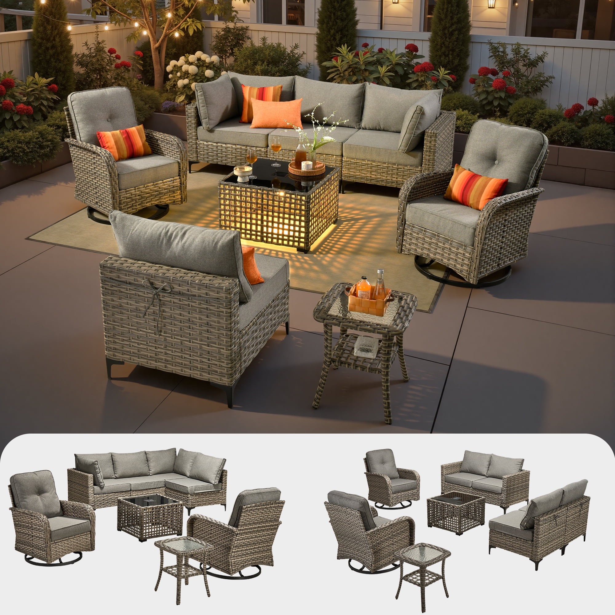 Ovios 8 Pieces Patio Furniture Outdoor Conversation Set Rattan Wicker Outside Sectional Sofa with Swivel Chairs & Solar Light Table, Dark Gray