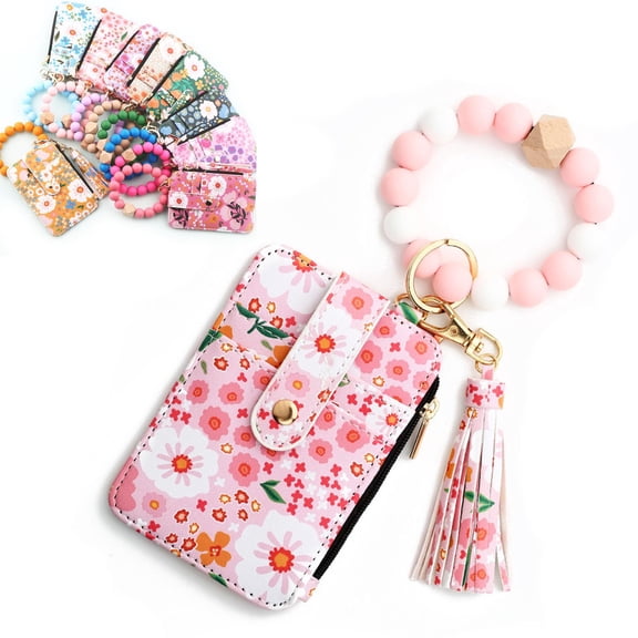 Women's Boho Beaded Wallet with Flower Pattern, Women Boho Style Beaded & Tassel Decorated Keychain, Credit Card Holder Purse (1PC,E)