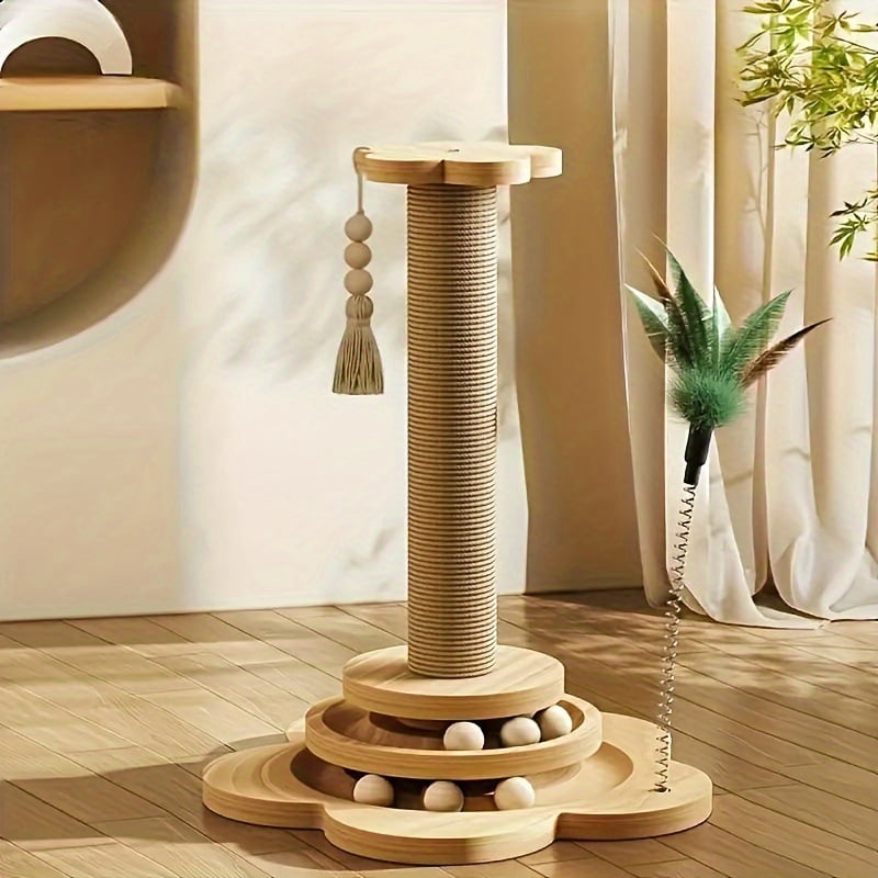 Multi-Level Scratching Post & Climbing Tower 20in With Sisal, Cat Toy Scratching Post, Cat Climbing Frame With Hanging Balls And Feather Wand, Suitable For Indoor Cats' Exercise