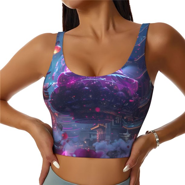 Fotbe Neon Buddha Cityscape Sujetador Deportivo Largo sin Aros para Mujer con Almohadillas y Soporte Medio, Transpirable y Absorbente, Camiseta Tipo Chaleco o Tank Top-XX-Large