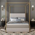 thumbnail image 1 of Gold Canopy Bed by Restonic - Luxurious Velvet Headboard & Sleek Iron Frame, 1 of 10