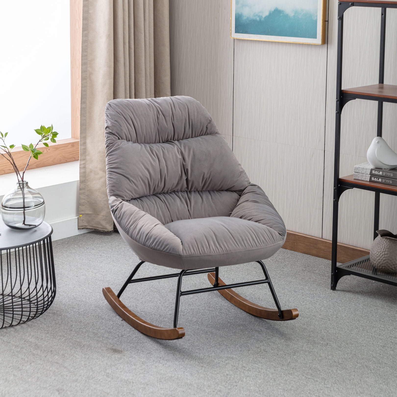 Rocking Chair, Velvet Fabric Rocker Accent Chair, Comfy Uplostered