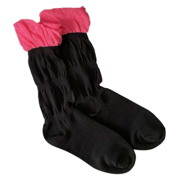 Calcetines finos de malla para mujer, medias de estilo Harajuku con bloques de colores neón, ribete con volantes, retales, fruncidas, holgadas, elásticas, medias de burbuja de tubo