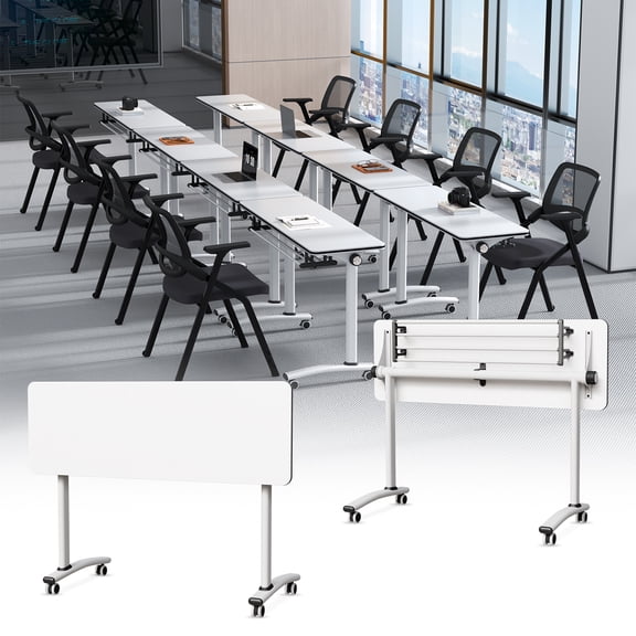 Conference Table, 2PC Folding Flip Top Conference Room Tables, Mobile Office Meeting Desk with Wheels, Modern Space-Saving Seminar Table for Classroom, Office,Training Room