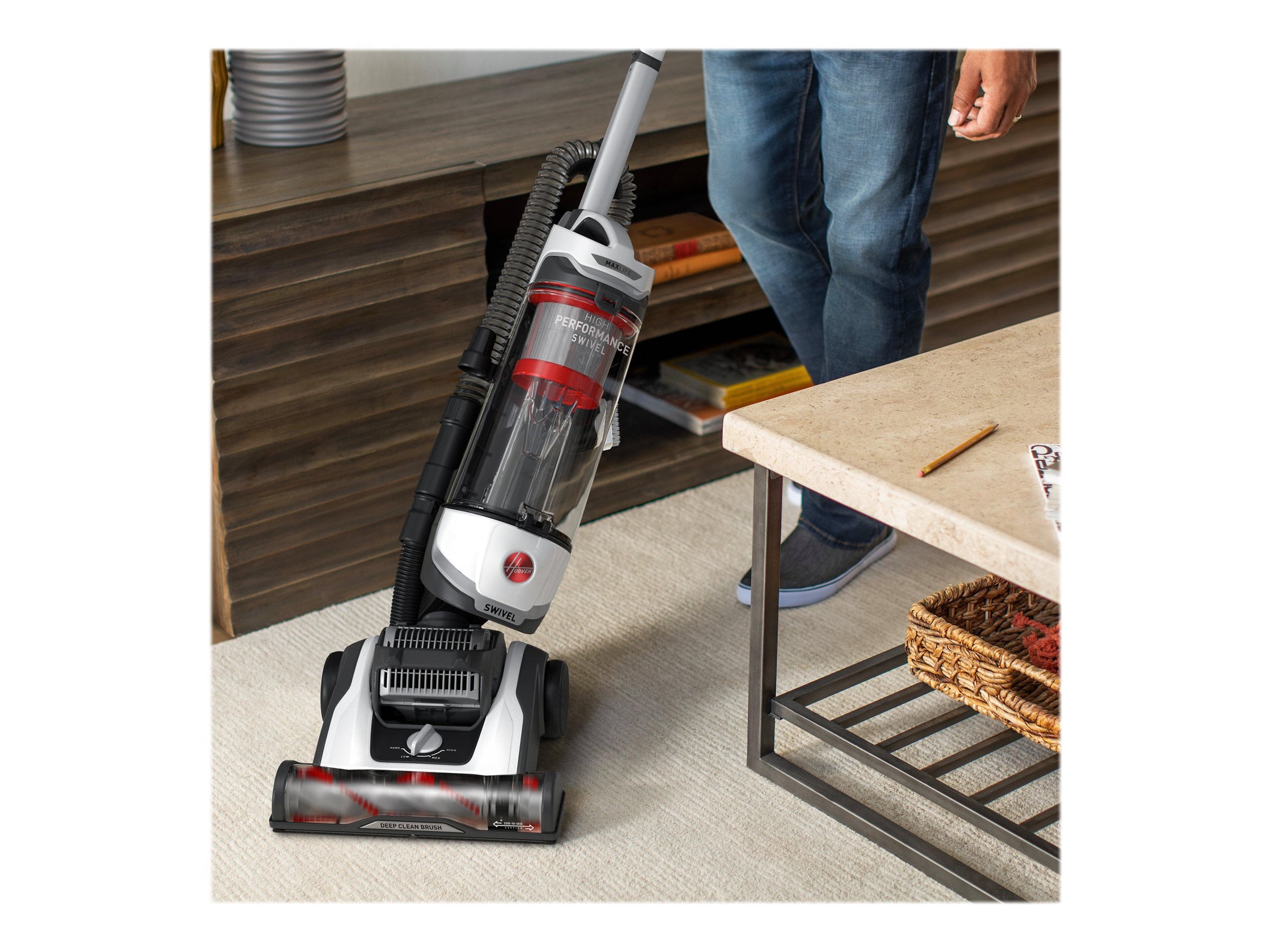 Hoover Bagless Upright Vacuum, High Performance, Pet Friendly, Swivel Design, with Dusting Brush, Extension Wand, HEPA Filter, Crevice & Upholstery Tool, 110 V Red/Grey