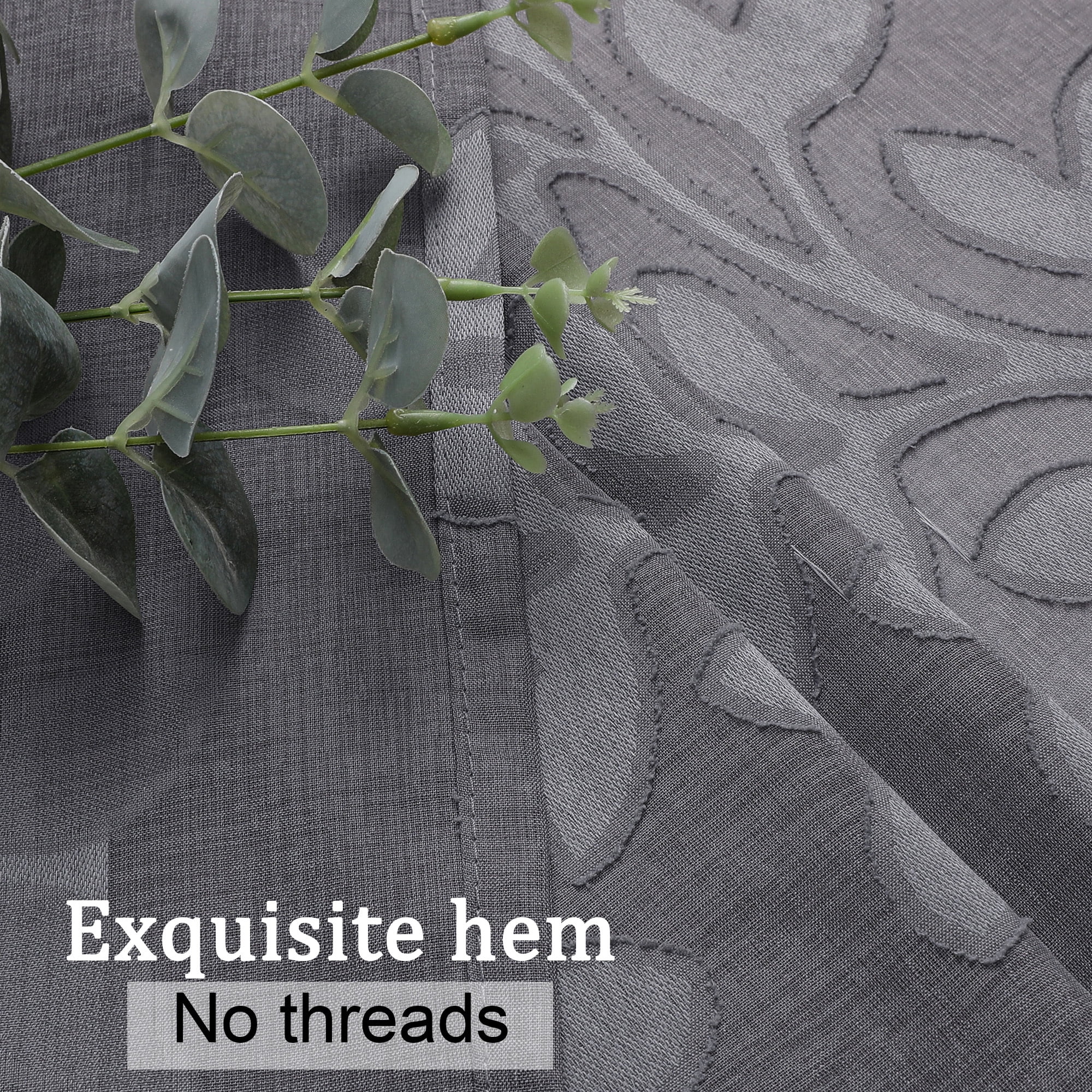 OVZME Darla 63 Inches length Sheer Curtain Set of 2, Soft Light Filtering Leaf Jacquard Farmhouse Window Curtains & Drapes for Living Room Bedroom with Rod Pocket, Each 42Wx63L Inch Charcoal Grey