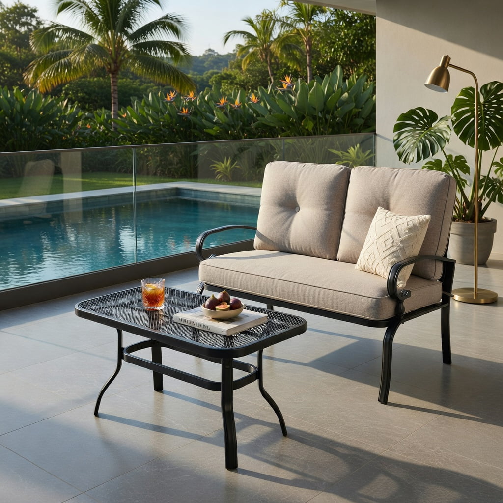Hommoo 2-Piece Outdoor Patio Loveseat & Coffee Table Set, Steel Frame with Cushions, Weather-Resistant Garden Bench Set for Balcony, Poolside, or Living Room, Beige