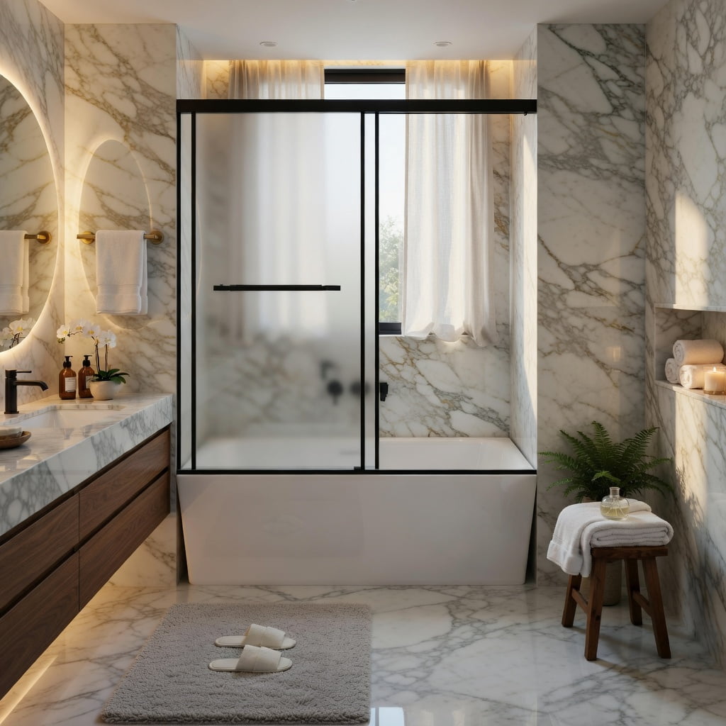 Hommoo 60" x 62" Frameless Aluminum Sliding Shower Door, Dual Soft-Close Doors, Adjustable Width, Enhanced Leak Protection, Black & Transparent