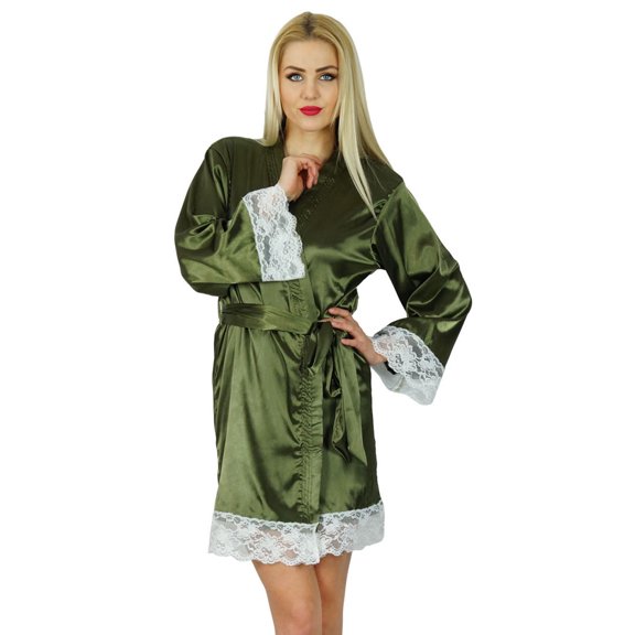 Bimba Women Kimono Sleeve Satin Short Robe Getting Ready Bride Bridesmaid Lace Robes Coverup