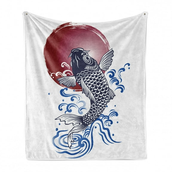 Japanese Soft Flannel Fleece Throw Blanket, Red Round Circle Illustration Print with Koi Fish and Water Splash Image, Cozy Plush for Indoor and Outdoor Use, 50" x 60", White, by Ambesonne