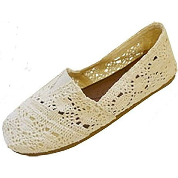 Shoes8teen - Womens Canvas Crochet Slip on Shoes Flats (5/6, Cream 3008 ...
