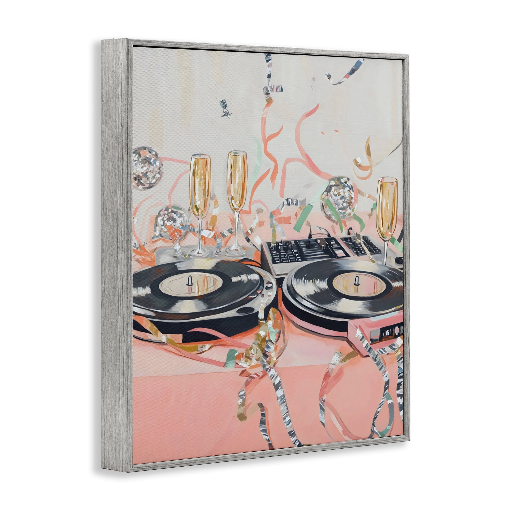 Stupell Industries Retro Turntable & Champagne Party Gray Framed Giclee Art, design by The Prints Vibe