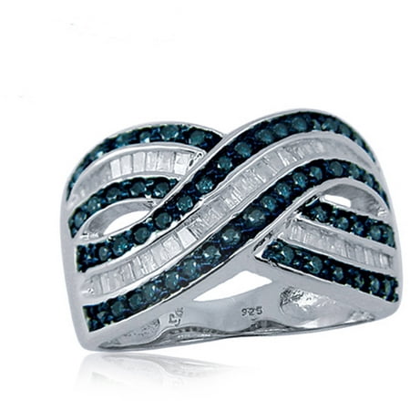 JewelersClub 1.00 CTW Round & Baguette cut Blue & White Diamond Crossover Sterling Silver Ring