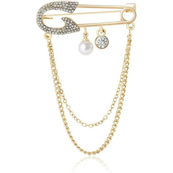Fashion Safety Pin Brooch with Hanging Tassel Chains Charm Decorative Cubic Zirconia Crystal Pearl Collar Label Pins for Sweater Dress Skirt Tie Punk Accessories for Women Men Corsage Jewelry