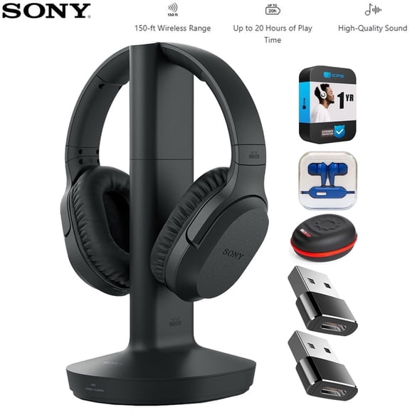 Sony WHRF400 Wireless Home Theater Headphones Black Bundle with Mizco Travelocity In-Ear Headphone (Colors May Vary), Headphone Case, 2x Converter Adapter and 1 YR CPS Enhanced Protection Pack