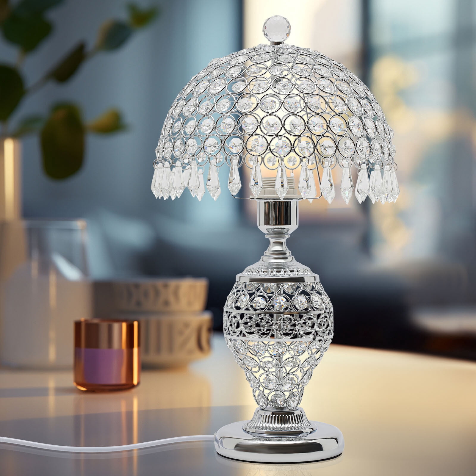 Silver Crystal Table Lamp Vintage Bedroom Nightstand Lamp Deluxe Bedside Lamp for Studies, Living Rooms