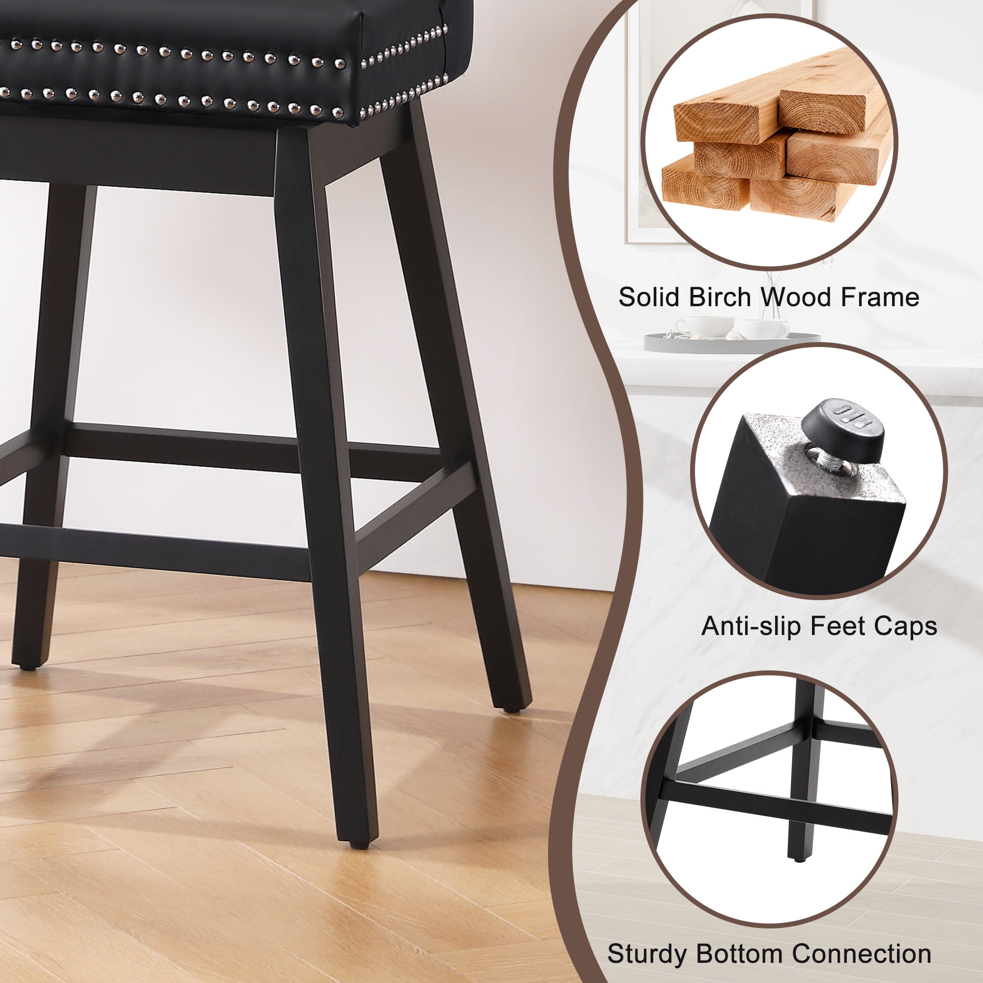Tewloss 30" Swivel Bar Stools Set of 4 With Back Leather Bar Height Chairs for Home Kitchen, Black