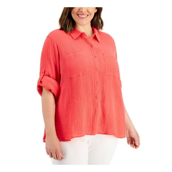 CALVIN KLEIN Womens Coral Textured Pocketed Roll-tab Sleeve Collared Button Up Top Plus 1X