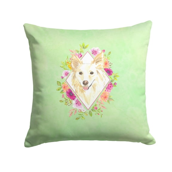 Carolines Treasures CK4361PW1414 White Collie Green Flowers Fabric Decorative Pillow  14Hx14W multicolor