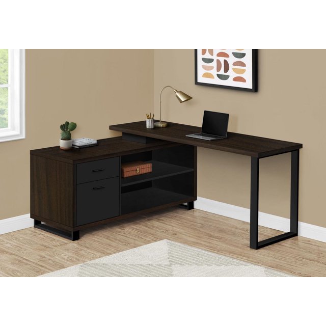 Monarch Specialties L-shaped corner computer desk in dark brown laminate with black metal legs and storage drawers, shown in a modern home office setting.