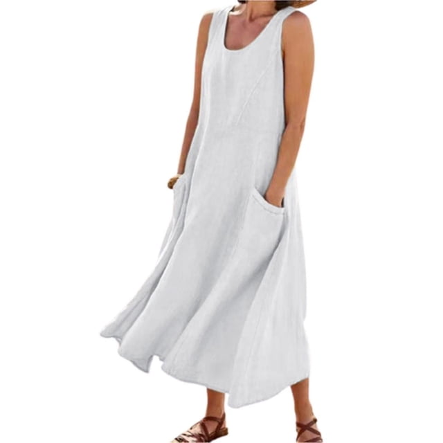 Women's Sleeveless Cotton Linen Dress with Pockets Bohemian Style Beach Tank Dress