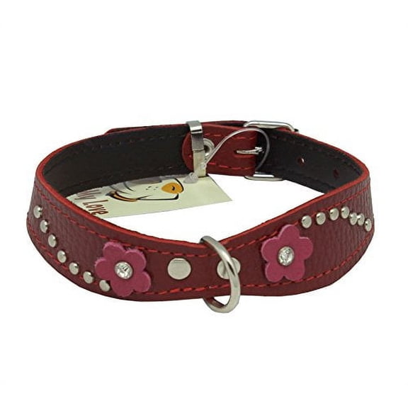 Red Genuine leather Designer Dog Collar 14.5"x1" with Studs, Daisy, and Rhinestone