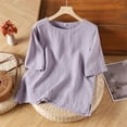 thumbnail image 2 of Summer Linen Shirts for Women 2026 Trendy Short Sleeve Boho Tops Dressy Casual Crewneck Vacation Tunic Blouse Purple L, 2 of 4