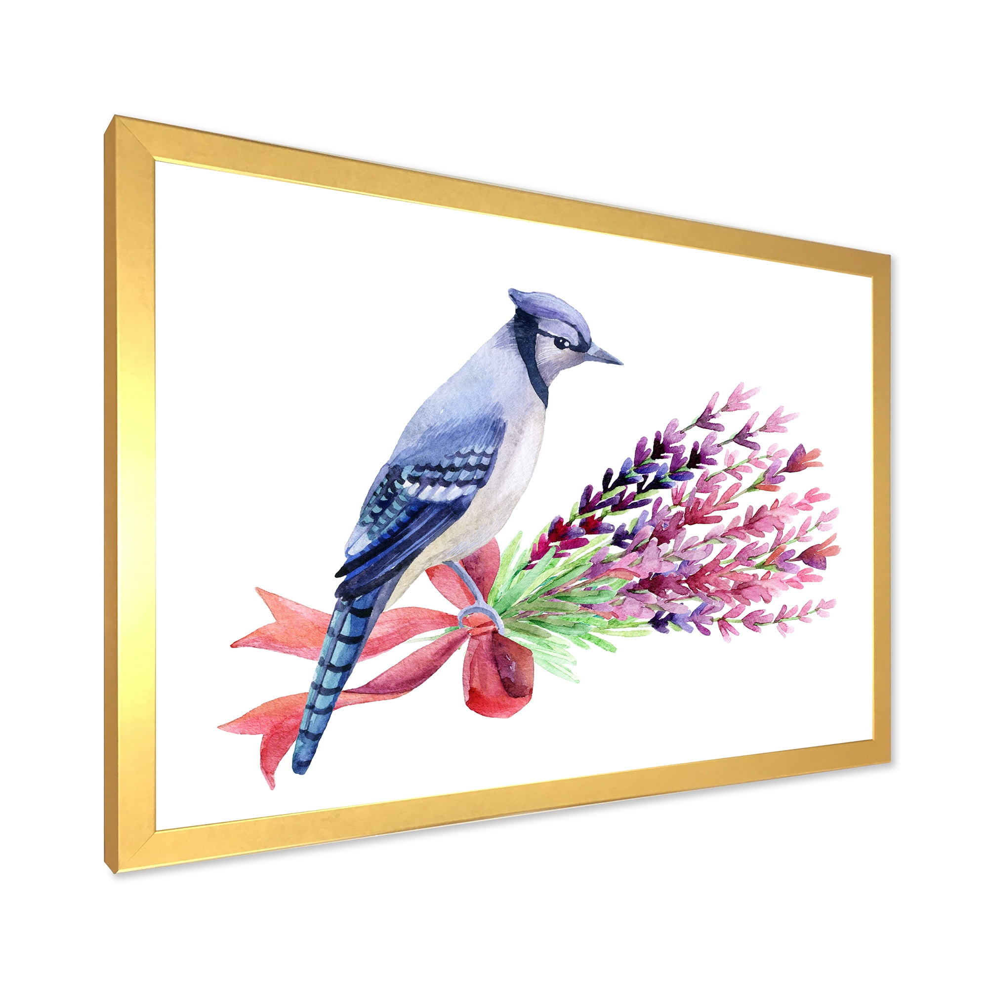 Designart 'Blue Jay Bird On Bouquet Of Pink Flowers' Traditional Framed Art Print