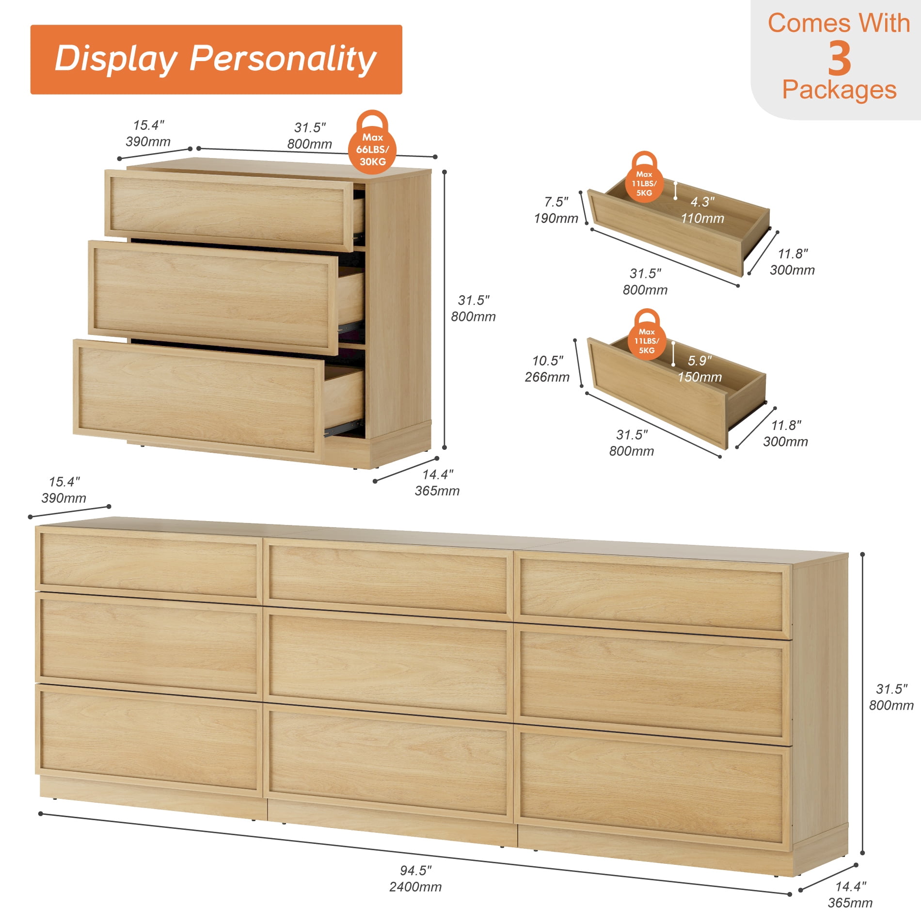 94.5" Modern Sideboard Buffet Cabinet with 9 Drawers, Multifunctional Sideboard with Large Storage and Adjustable Shelf