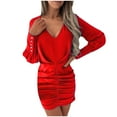 thumbnail image 1 of CEHVOM Women's Temperament V Neck Solid Color Shirring Long Sleeve Slim Dress, 1 of 8