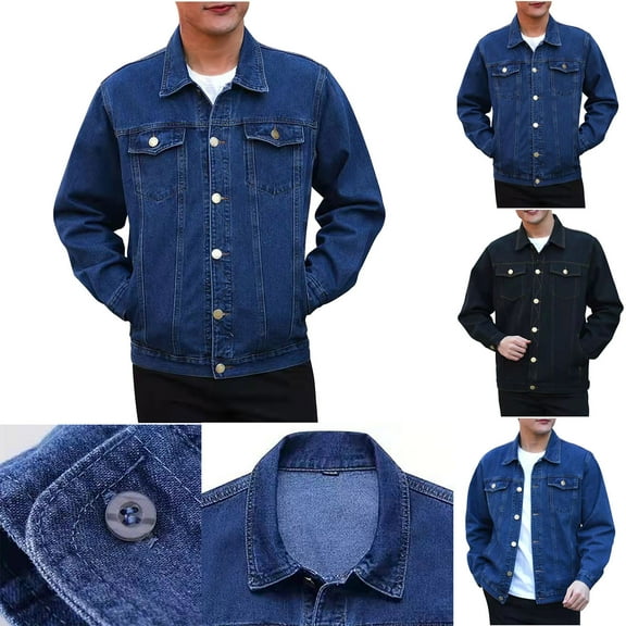 Ofreoo Men's Solid Color Denim Button Pocket Fashionable Long Sleeved Hooded Denim Jacket Jean Jacket Men