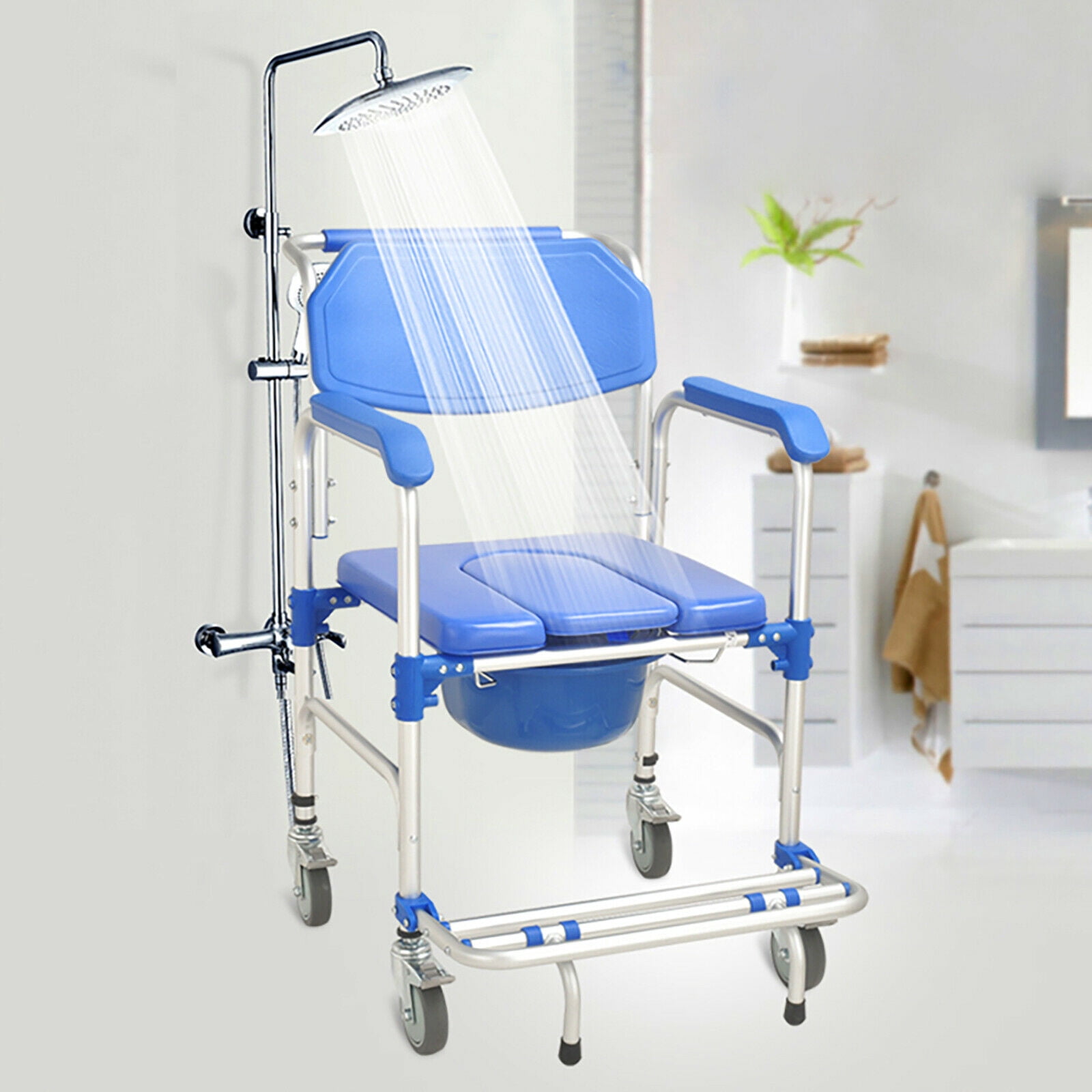 Wuzstar Toilet Rolling Transport Chair 350lb Bedside Commode Chair Shower Wheelchair forElderly Disabled