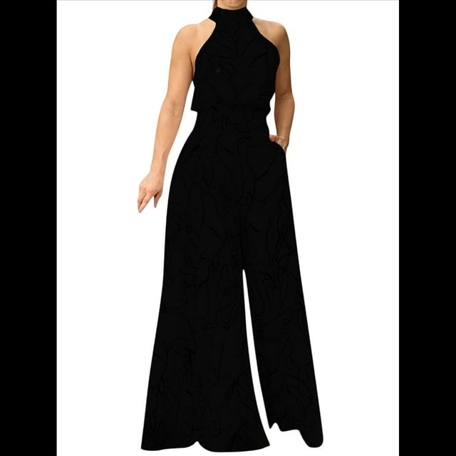 Elegantes para Mujer, para Fiestas de Noche, Invitadas de Boda, Grandes, Sin Mangas, Pantalones Largos de Pierna Negro Puro L