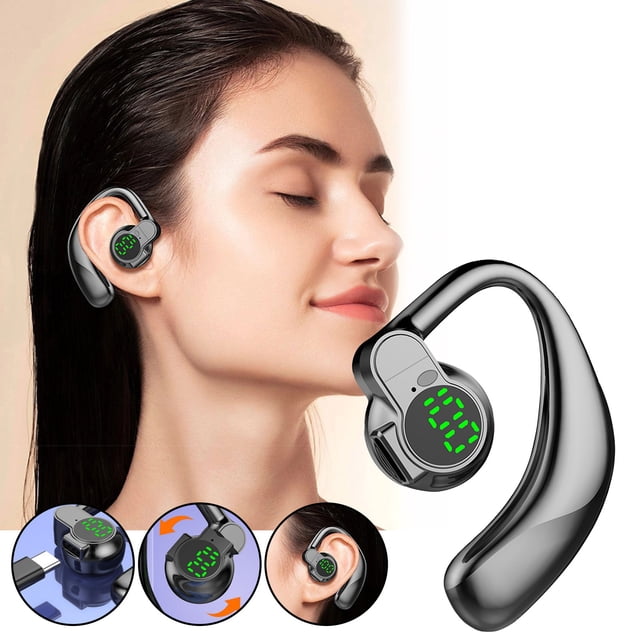 Auriculares Bluetooth de un solo oído, rotación de 180 grados, comodidad de oreja abierta, rango estable de 33 pies, duración de 10H, pantalla digital, negro