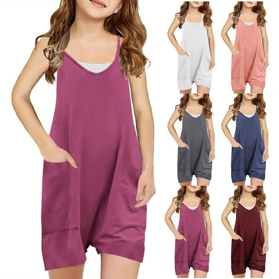 Xihbxyly Girls' Jumpsuits & Rompers, Girls Sleeveless Jumpsuits Casual Rompers Spaghetti Strap Loose Overalls with Pocket Onesies Summer Outfits Clothes