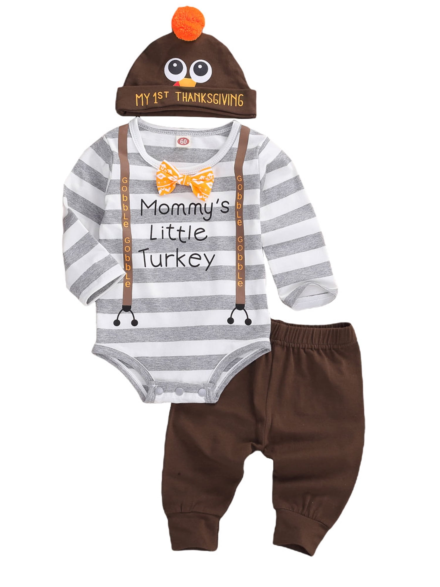 MOMTUESDAYS2 Infant Baby Boy Girl Thanksgiving Jumpsuit Long Sleeve Hooded Striped Romper Christmas Clothes Outfit 