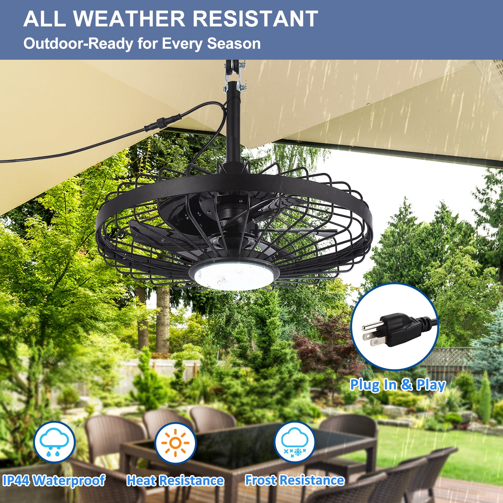 Depuley 20" Waterproof Outdoor Ceiling Fan with Light - IP44 Plug-in, Remote/App Control, 6-Speed Black for Gazebo, Patio, Pergola