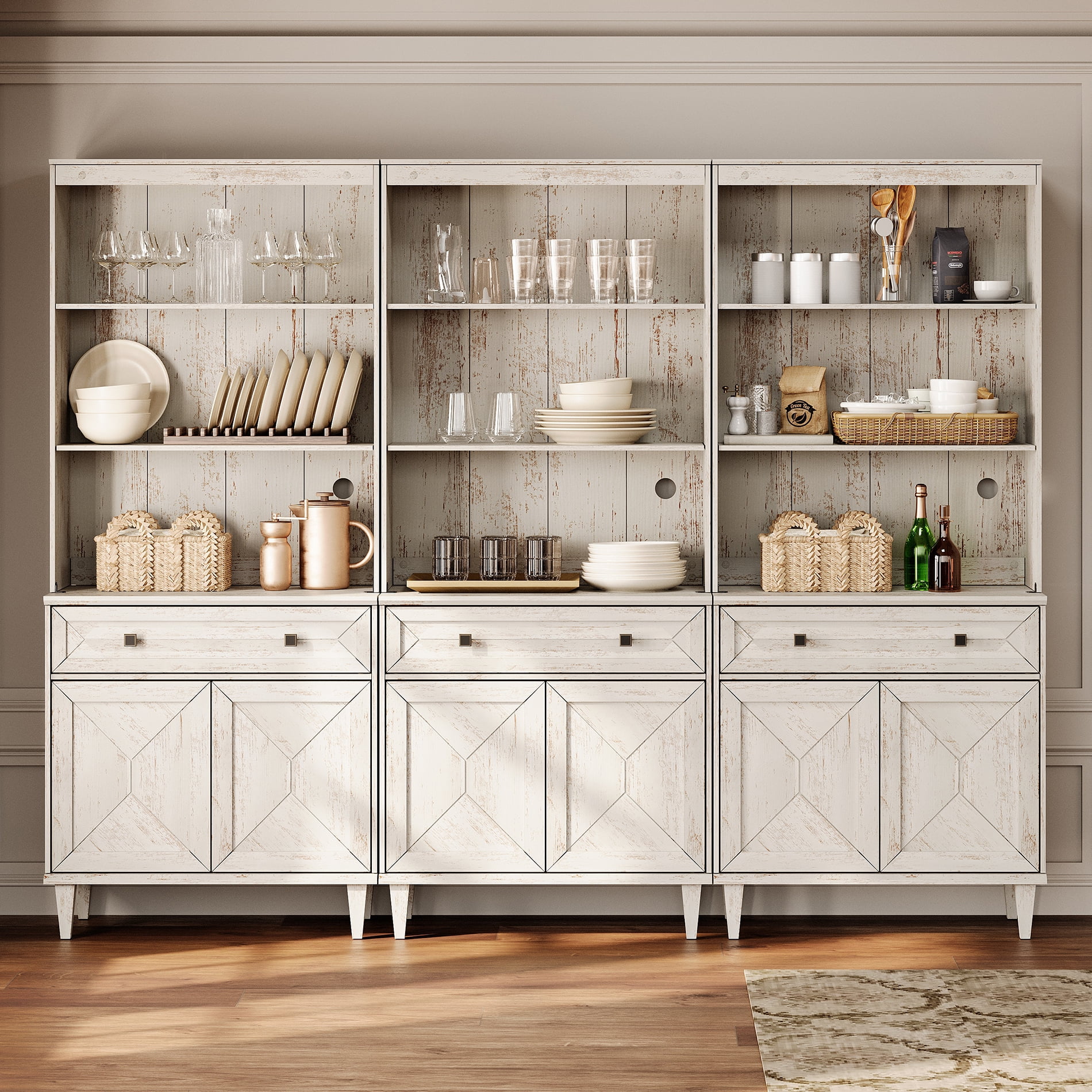 WAMPAT Handmade Patchwork 94.5" Wide Tall Bookshelf with Cabinets, White